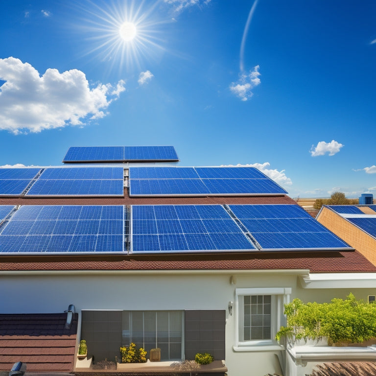 A bright blue sky with a few puffy white clouds above a residential rooftop, featuring a clean and well-maintained solar panel array, with a ladder and toolbox nearby.