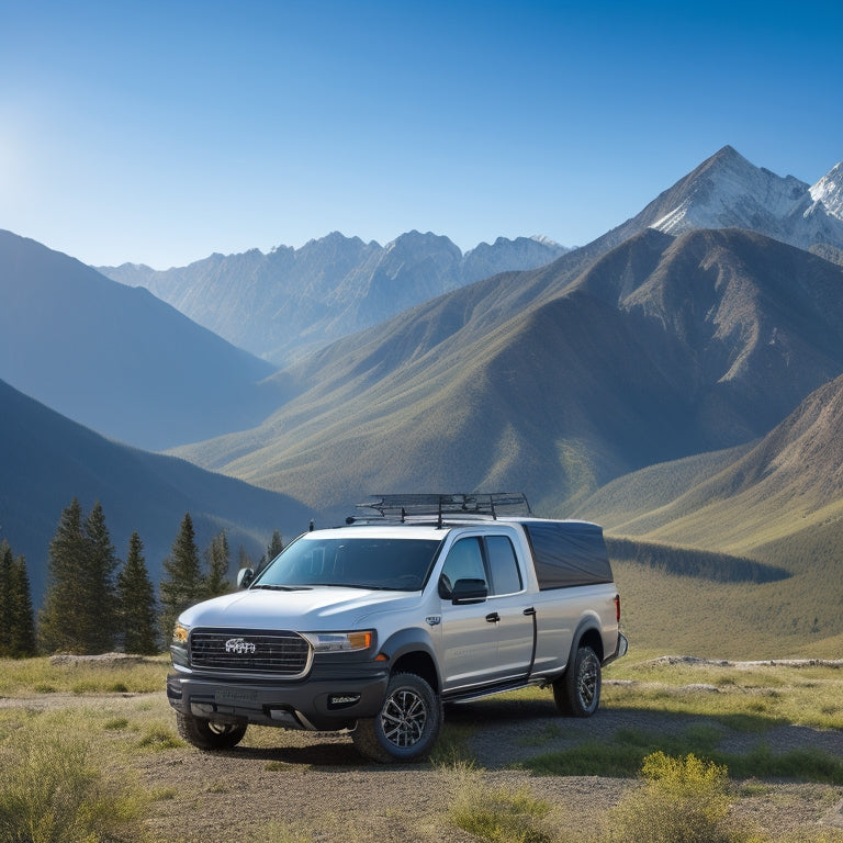 A bright, sunny day with a parked white van and a rugged, black pickup truck, both equipped with sleek, black solar panels on their roofs, amidst a scenic, mountainous background.