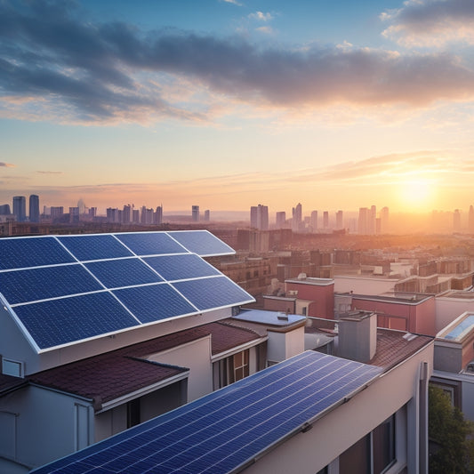 An illustration depicting a residential rooftop with solar panels, a bright sunny sky, and a subtle background of a cityscape, contrasting with a darker, polluted sky in the distant background.