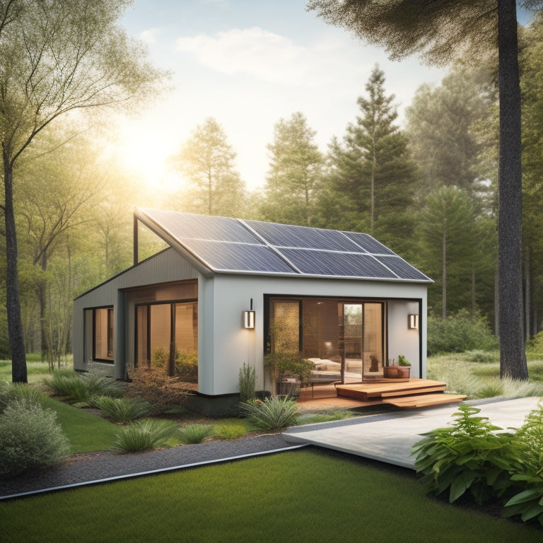 A serene, modern, eco-friendly small home with large windows, surrounded by lush greenery, featuring solar panels on the roof and a compact, energy-efficient HVAC unit on the side.