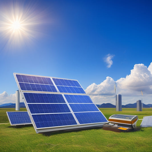 An illustration of a solar panel array with a battery storage system in the background, surrounded by icons of money, charts, and a calculator, set against a sunny blue sky with fluffy white clouds.