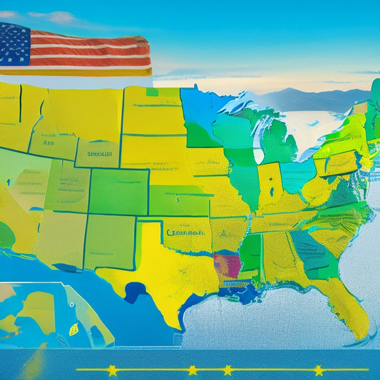 An illustration of a map of the United States with varying shades of green, blue, and yellow, representing different levels of electric vehicle incentives, with an EV icon in the center.