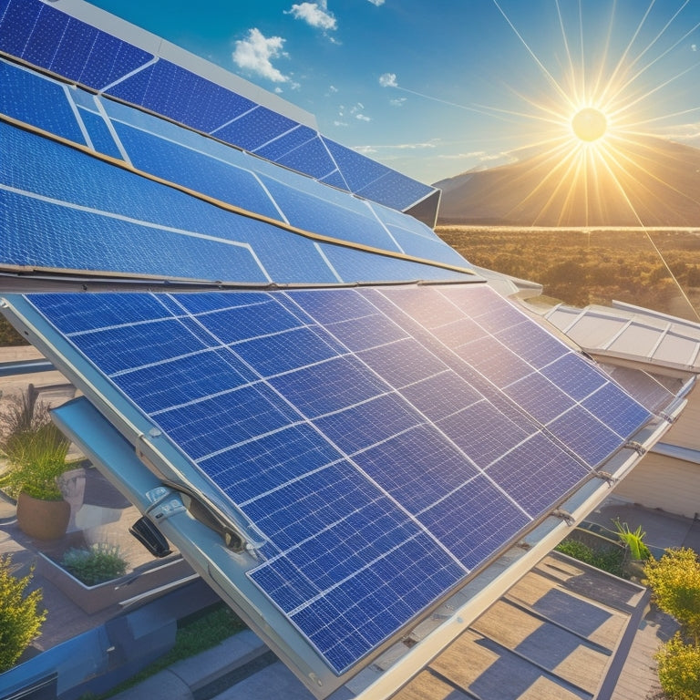 An illustration of a solar panel array on a rooftop, with a subtle grid overlay, surrounded by icons of a compass, protractor, and calculator, amidst swirling lines and shapes representing sunlight and energy flow.