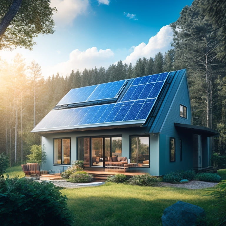 An illustration of a secluded, modern off-grid home surrounded by lush greenery, with a roof-mounted solar panel array and a battery bank visible through a window, set against a serene, cloudy blue sky.