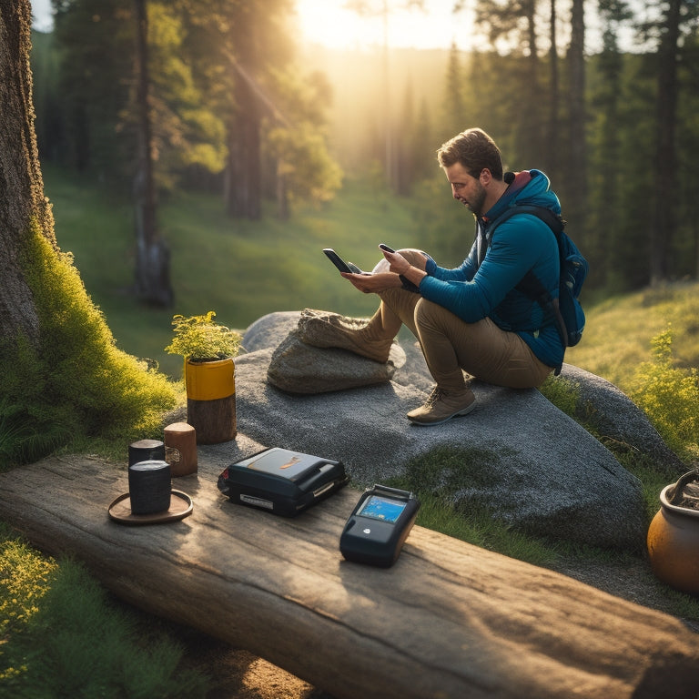 A serene outdoor setting with a person hiking in the distance, surrounded by lush greenery, with a smartphone and various solar chargers of different shapes, sizes, and designs laid out on a rock or log.