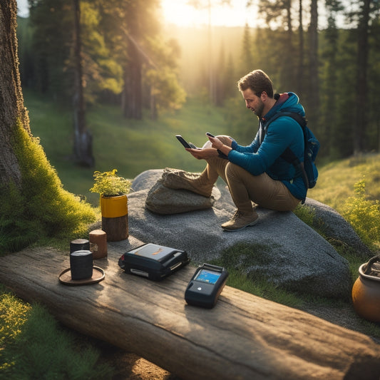 A serene outdoor setting with a person hiking in the distance, surrounded by lush greenery, with a smartphone and various solar chargers of different shapes, sizes, and designs laid out on a rock or log.