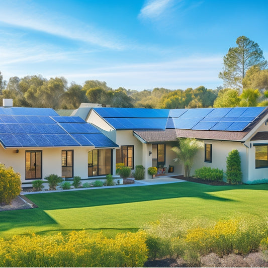 A serene California residential landscape with a modern, sleek-roofed home featuring a seamless integration of solar panels, surrounded by lush greenery and a bright blue sky.