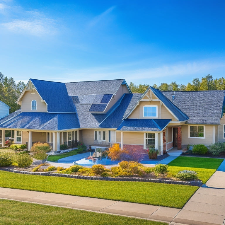 A serene suburban neighborhood with several homes, each featuring a unique residential solar energy system installation, showcasing various panel arrangements, angles, and roof types under a bright blue sky.