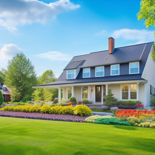 A serene suburban home with a sloping roof, adorned with sleek black solar panels, amidst a lush green lawn and vibrant flowers, under a bright blue sky with a few wispy clouds.