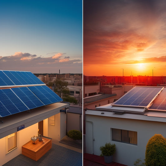 A split-screen image featuring a rooftop with solar panels on one side and a conventional electricity meter on the other, with contrasting bright and dim lighting, and varying meter speeds.