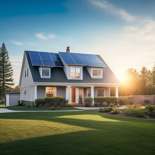 A serene suburban landscape with a single-family home featuring a solar panel array on the roof, with a subtle sunshine glow and a few fluffy white clouds in a bright blue sky.