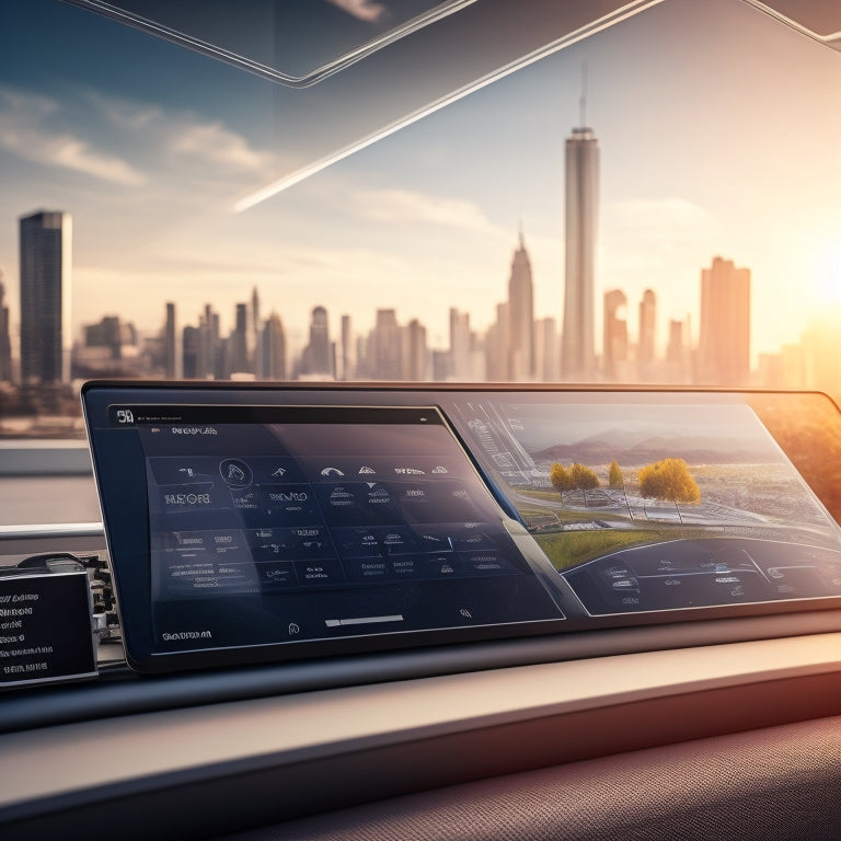 A futuristic dashboard displaying a solar panel system's real-time performance metrics on a sleek, high-tech tablet, surrounded by a subtle cityscape background with a bright sunny sky.