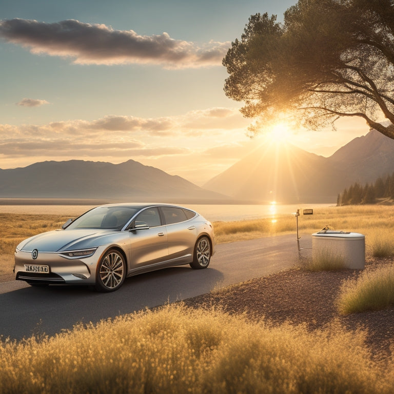 A serene, sun-kissed landscape with a sleek, silver electric vehicle parked in the foreground, its hood open, revealing a solar panel integrated into the car battery charger.