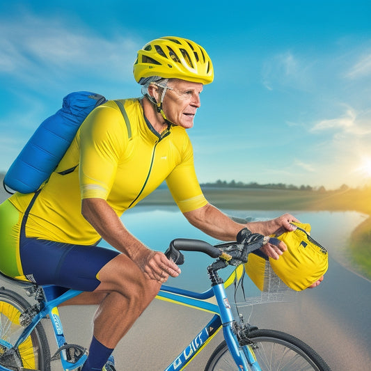 An illustration of a senior cyclist wearing a bright yellow helmet, knee pads, and elbow pads, riding a bike with reflective straps, a rearview mirror, and a basket filled with a first-aid kit and a water bottle.