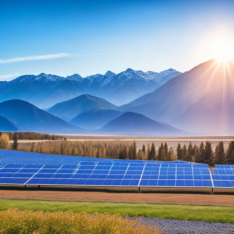 A serene landscape featuring a sprawling, modern solar farm with sleek, black panels angled towards a bright blue sky, surrounded by lush greenery and a distant, snow-capped mountain range.