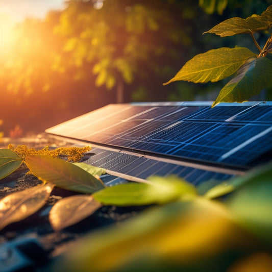 A close-up of a dirty solar panel on a car's roof, with leaves and debris accumulated, contrasted with a clean panel in the background, with a subtle sunny landscape reflecting off the clean panel.