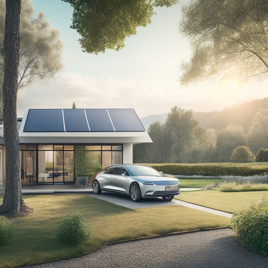 A serene landscape with a sleek, silver electric vehicle parked in front of a modern, eco-friendly home, surrounded by lush greenery, with a few solar panels installed on the roof.