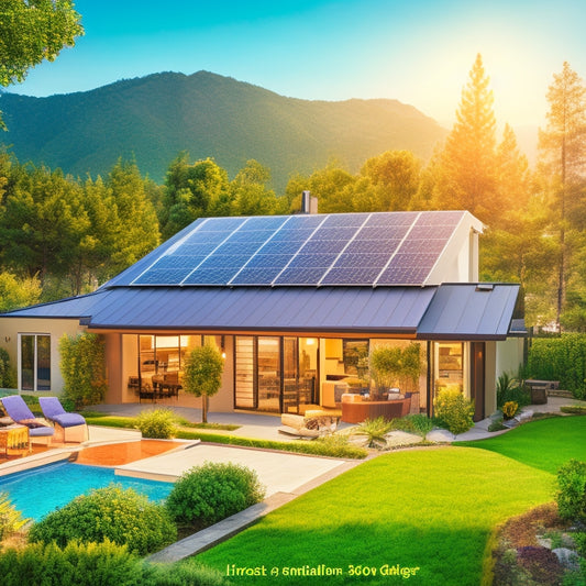 An illustration featuring a green California home with solar panels on the roof, surrounded by lush greenery and a subtle grid of permits and licenses in the background.