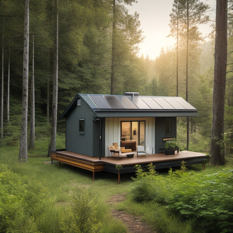 A serene off-grid cabin surrounded by lush greenery, with a rooftop solar panel array and a sleek battery bank installed on the exterior wall, connected to a compact inverter and monitoring system.