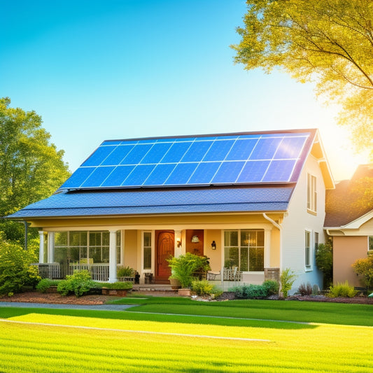 A serene suburban home with solar panels installed on its roof, surrounded by lush greenery, with a bright blue sky and a few puffy white clouds, and a subtle meter displaying a decreasing energy bill.