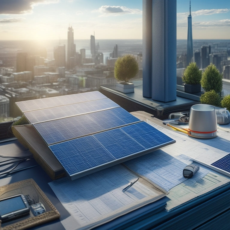 A photorealistic illustration of a rooftop with solar panels, a calculator, and a clipboard with a blueprint, surrounded by measuring tapes, pencils, and a cityscape in the background.