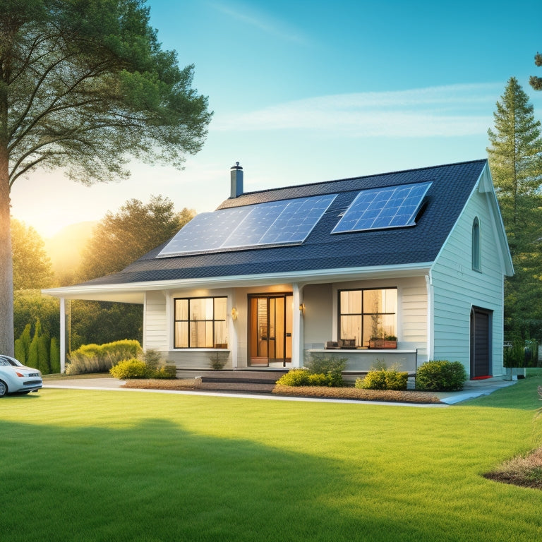 A serene suburban house with a sloping roof, solar panels installed in a staggered pattern, a ladder leaning against the roof, and a toolbox with open compartments on the lawn.