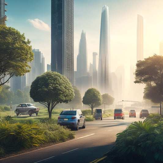 An illustration of a bustling cityscape with towering skyscrapers, surrounded by a haze of pollutants, contrasted with a clean, green oasis in the foreground, featuring lush plants and electric vehicles.