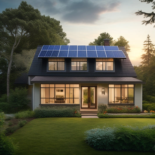 A serene suburban home with solar panels installed on the roof, surrounded by lush greenery, with a subtle glow emanating from the windows, conveying eco-friendliness and sustainability.