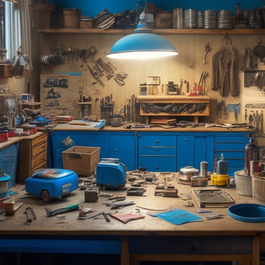 A cluttered workshop table with various DIY conversion kits, tools, and scattered blueprints, surrounded by half-assembled projects, with a centerpiece of a vintage van in mid-transformation.