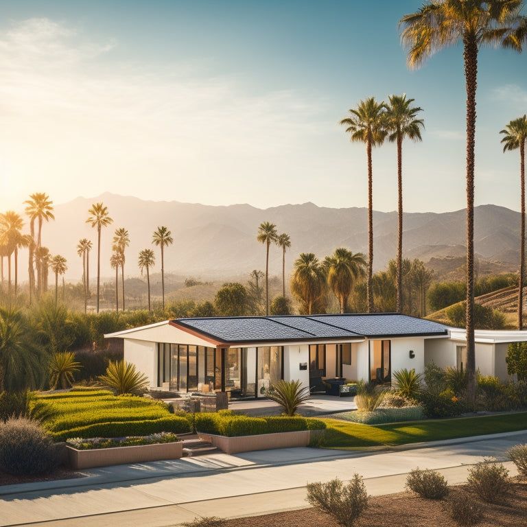 A serene California landscape with a sunny sky, a modern home with solar panels on the roof, and a few palm trees swaying gently in the foreground.