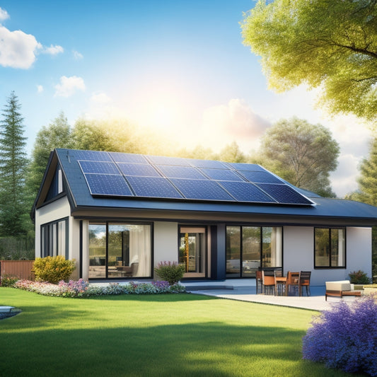 An illustration of a modern, eco-friendly suburban home with a sleek, black solar panel array on the roof, surrounded by blooming greenery and a sunny blue sky with fluffy white clouds.