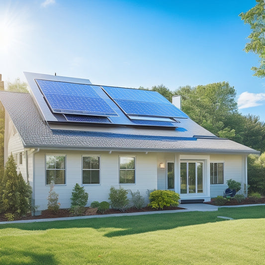 A serene, sun-kissed suburban home with a sleek solar panel array on the roof, paired with a compact, modern backup battery system installed nearby, surrounded by lush greenery and a bright blue sky.