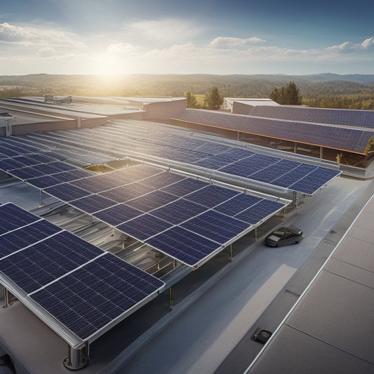 A photorealistic illustration of a commercial building rooftop with a partially installed solar PV system, featuring rows of sleek black panels, shiny aluminum frames, and a network of cables and inverters.