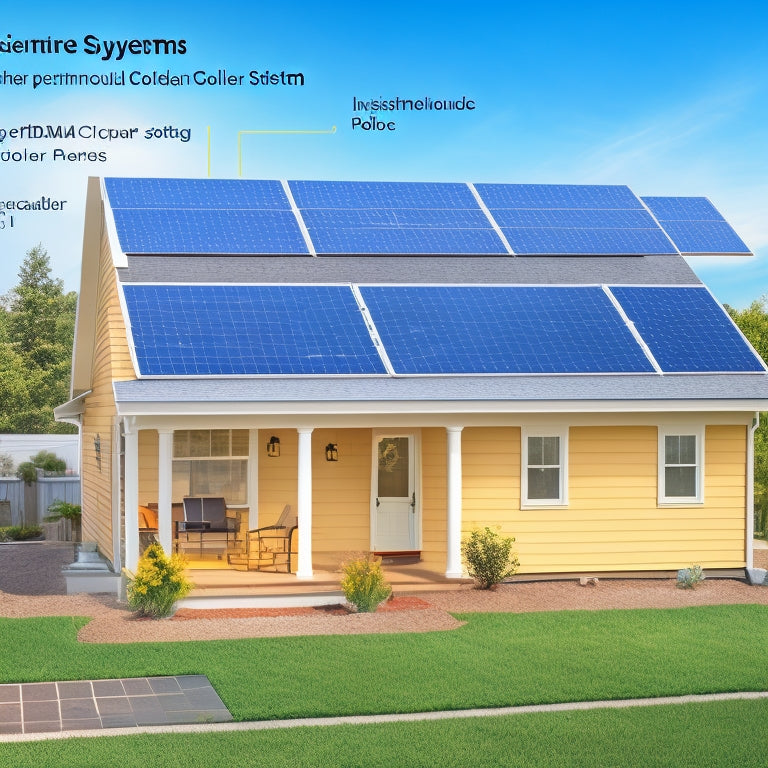 An illustration of a residential solar system with labeled components: solar panels on a roof, an inverter, a mounting system, and a monitoring system, surrounded by icons of dollar signs and percentages.