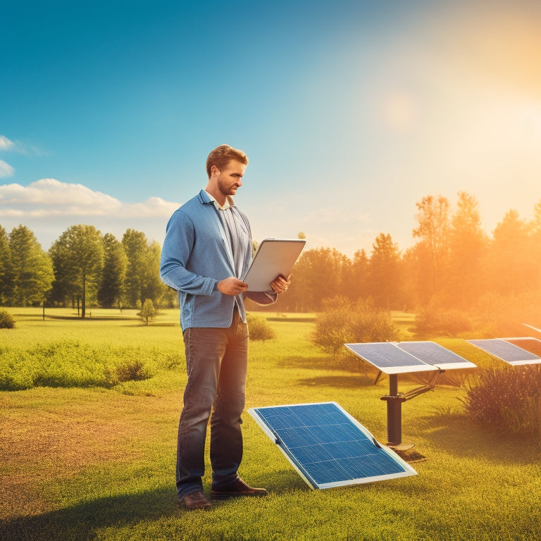 An illustration of a person standing in front of a tablet with a satellite map open, surrounded by solar panels, a compass, and a checklist, with a subtle background of a sunny sky and trees.