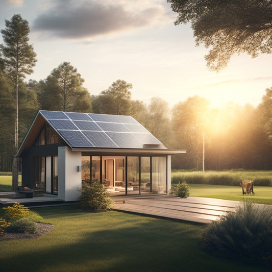 A serene landscape with a modern home, surrounded by lush greenery, featuring a sleek solar panel array on the roof, with a subtle sunbeam illuminating the scene.