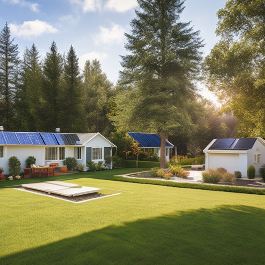 A serene residential backyard with a modern solar panel array, a sleek battery storage unit, and a green lawn surrounded by lush trees, under a bright blue sky with fluffy white clouds.