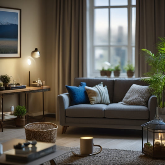 A serene, well-lit living room with a laptop and a tablet displaying energy usage graphs, surrounded by eco-friendly light bulbs, a programmable thermostat, and a recycling bin.