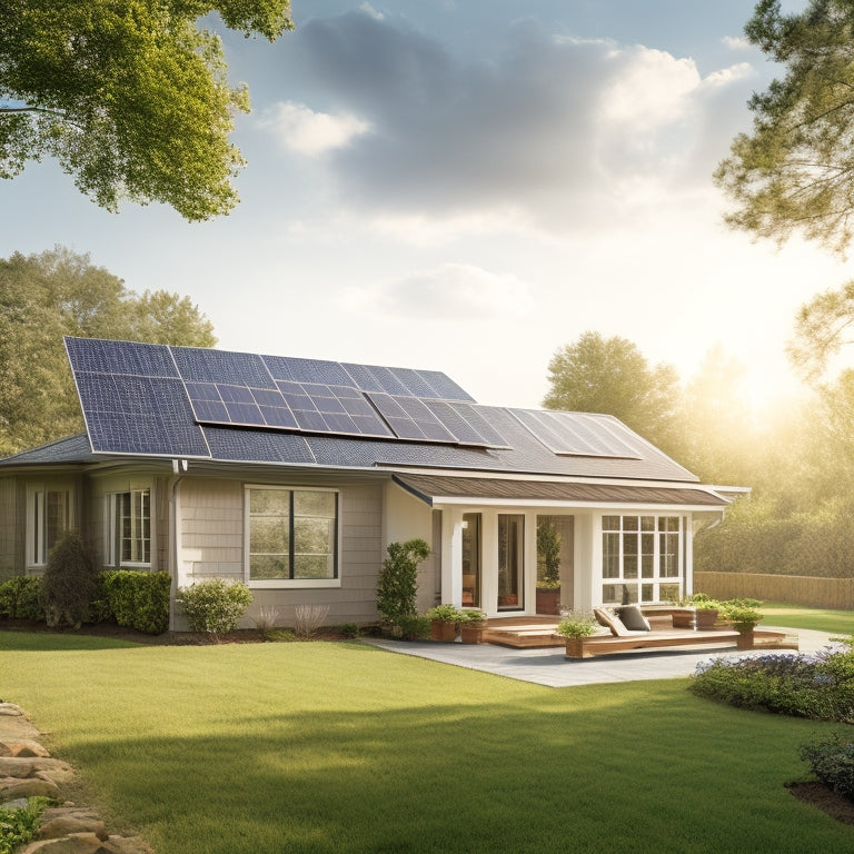 A serene suburban home with a pitched roof, surrounded by lush greenery, featuring a series of sleek solar panels installed at a 30-degree angle, with a few panels slightly tilted for emphasis.