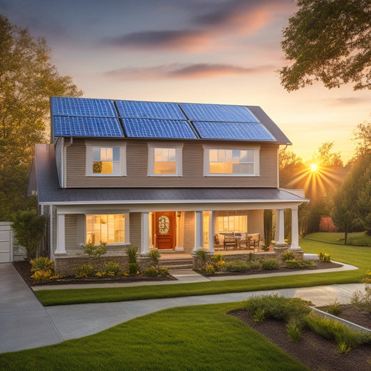 A serene suburban home at sunset with solar panels on the roof, a battery unit in the foreground, and a faint grid of coins or puzzle pieces surrounding it, symbolizing cost savings.