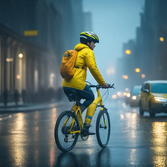 An illustration of a person riding an e-bike on a rainy day, wearing a bright yellow raincoat and helmet, with raindrops on the visor, surrounded by misty city streets and blurred streetlights.