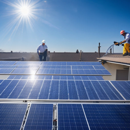 A sunny rooftop with a ladder leaning against it, a bundle of solar panels and tools scattered around, a person in a hard hat and harness measuring the roof, and a partially installed solar panel array.