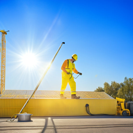 An illustration depicting a person in a yellow hard hat and gloves, standing on a ladder, gently spraying a solar panel with a hose, with a soft-bristled brush and a bucket nearby.