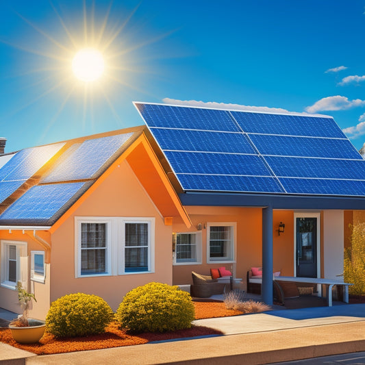 An illustration depicting a rooftop with solar panels, a calculator, and a clipboard with a checklist, surrounded by smaller icons of a house, a sun, and a dollar sign, set against a bright blue sky.