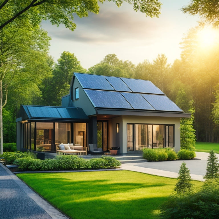 A serene suburban home with a sleek, black solar panel array on the roof, accompanied by a compact, sleek battery backup system on the side of the house, surrounded by lush greenery.