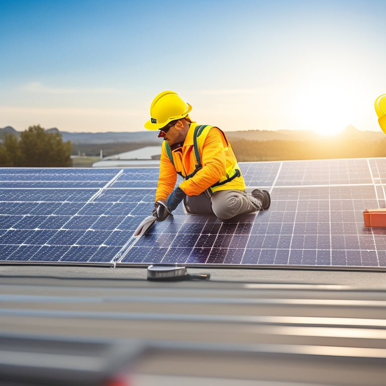 A photorealistic image depicting a solar panel array on a rooftop, with a technician in a yellow vest and hard hat, carrying a toolbox and inspecting a panel with a magnifying glass.