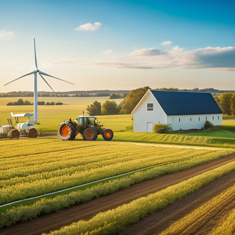 A serene rural landscape with a farmhouse in the background, featuring a prominent solar panel array, a wind turbine, and a tractor in the foreground, surrounded by lush green crops.