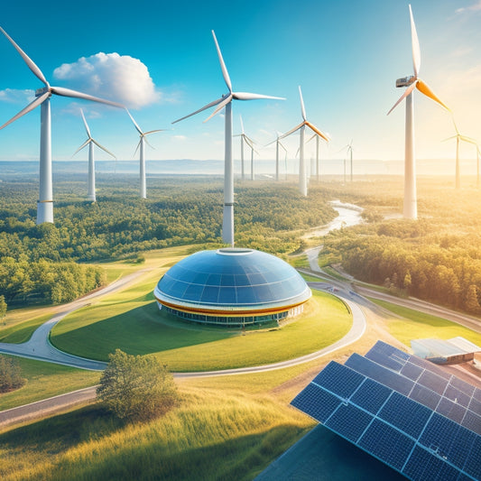 An illustration depicting a futuristic, sustainable cityscape with 7 distinct, vibrant energy storage solutions: towering wind turbines, sleek solar panels, and modern batteries amidst a lush, green landscape.