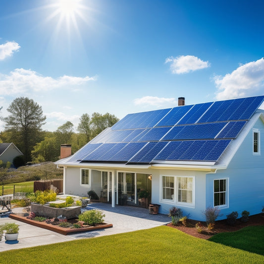 A bright blue sky with a few white, puffy clouds, and a modern suburban house with a solar panel roof installation in progress, surrounded by tools and equipment.