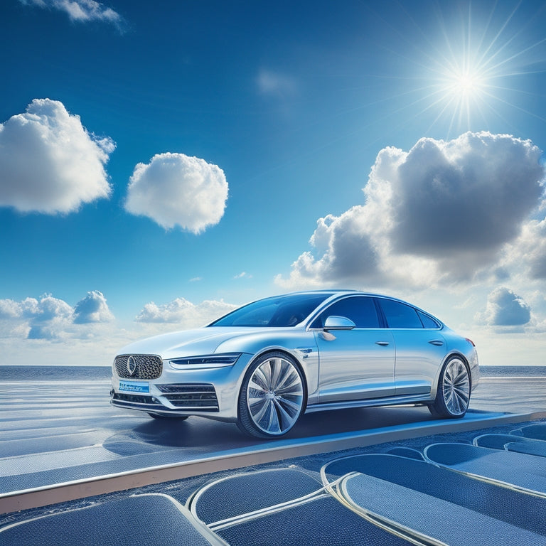 A stylized illustration of a sleek, silver car with a futuristic solar panel roof rack, set against a bright blue sky with fluffy white clouds, surrounded by subtle, swirling patterns of circuits and gears.